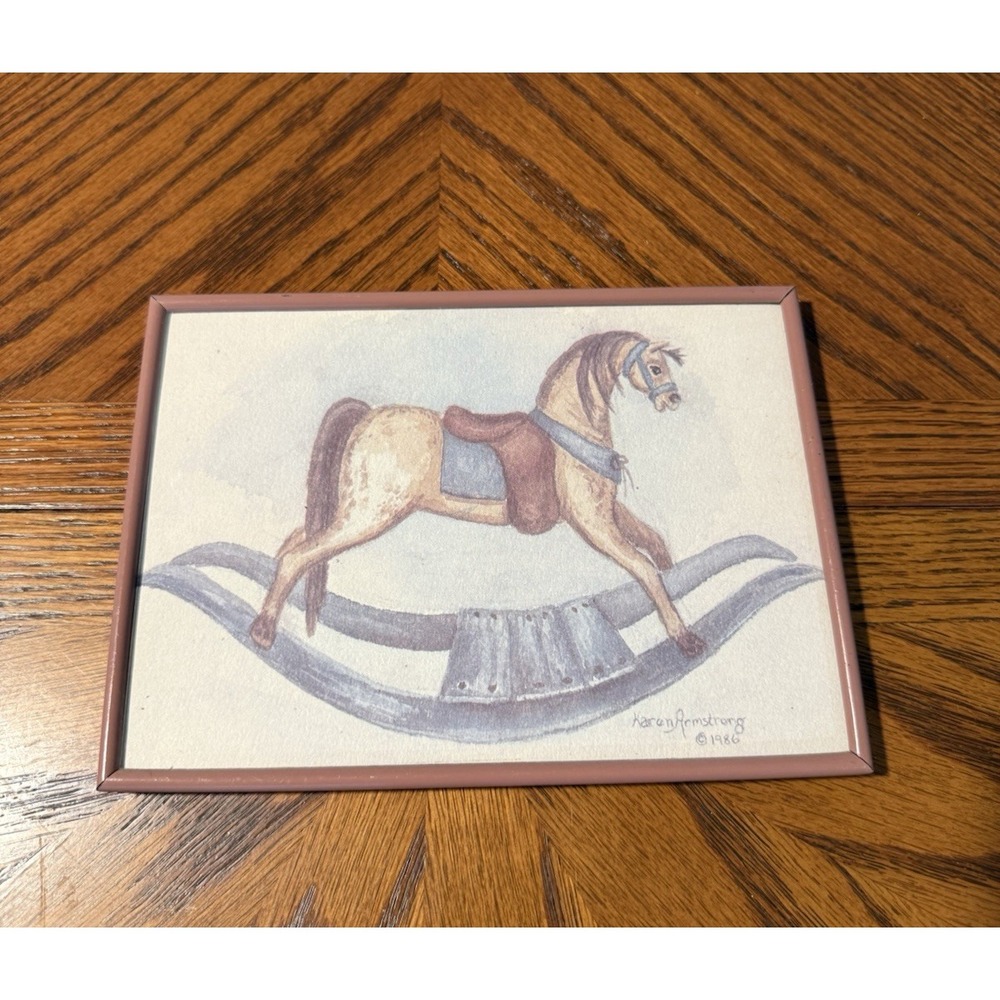 Vintage Nursey Watercolor Rocking Horse Signed Card Wall Hanging Framed